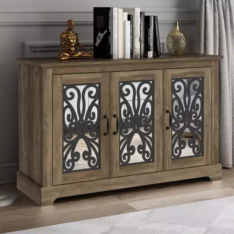 Buffet 3 portes avec rangements ajourés et miroirs 45,7 L 15,7 P 29,3 H