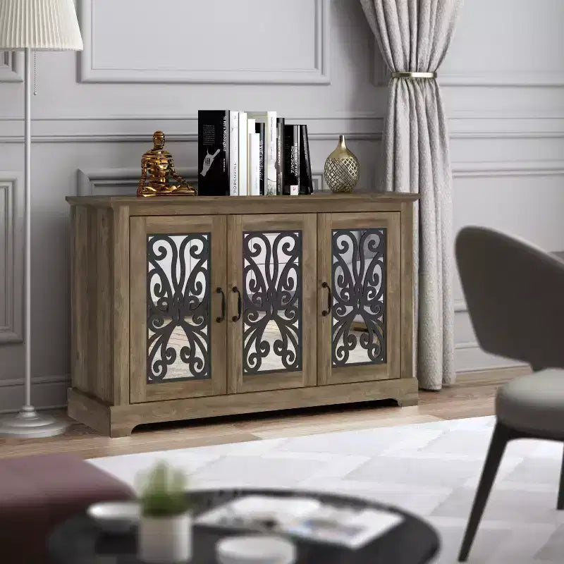 Buffet 3 portes avec rangements ajourés et miroirs 45,7 L 15,7 P 29,3 H
