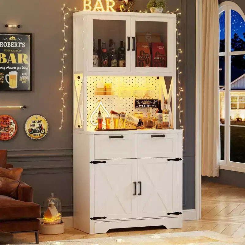 Armoire de rangement haute de cuisine de ferme avec porte et tiroirs, buffet autoportant avec étagères