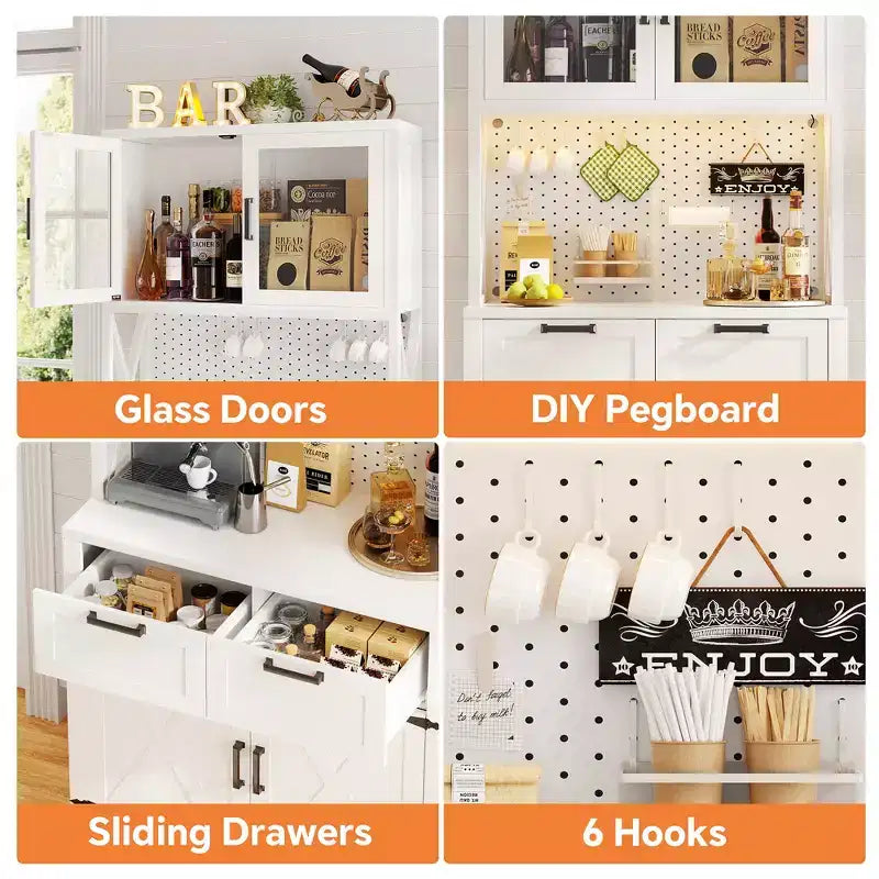 Armoire de rangement haute de cuisine de ferme avec porte et tiroirs, buffet autoportant avec étagères