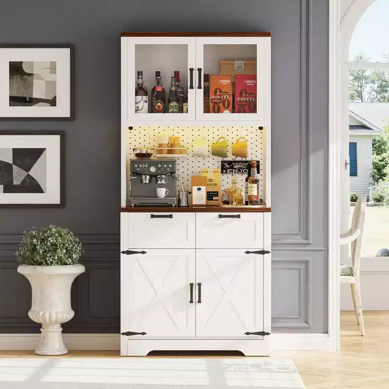 Armoire de rangement haute de cuisine de ferme avec porte et tiroirs, buffet autoportant avec étagères