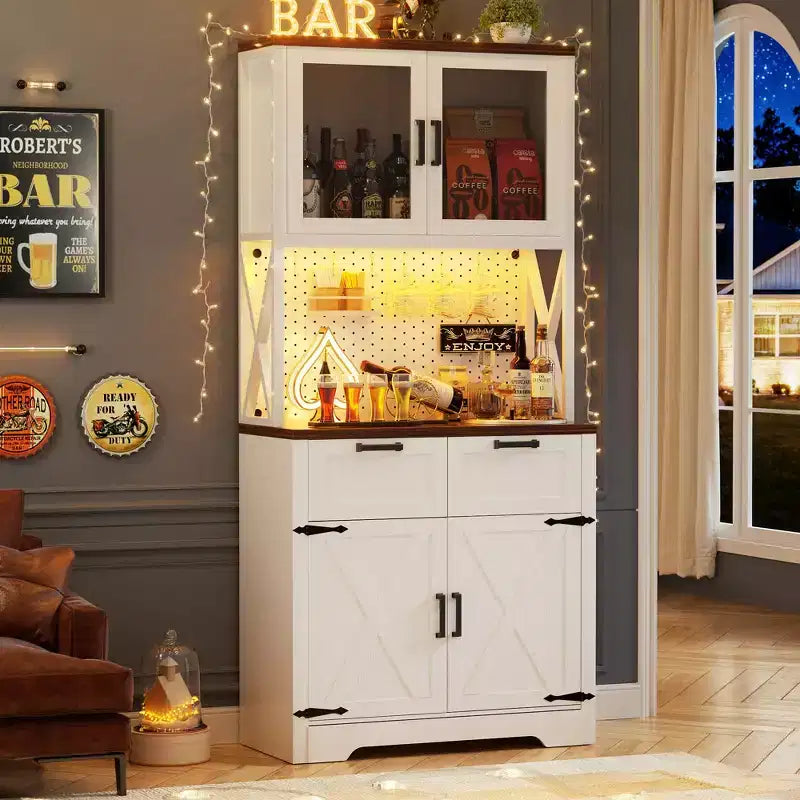 Armoire de rangement haute de cuisine de ferme avec porte et tiroirs, buffet autoportant avec étagères