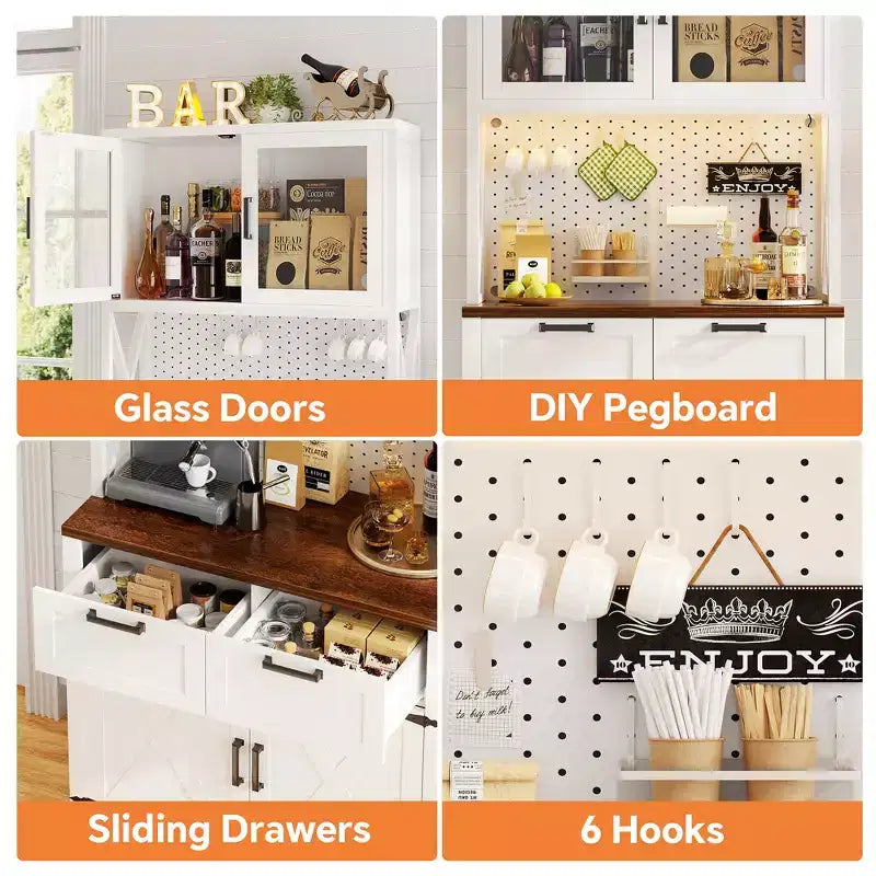 Armoire de rangement haute de cuisine de ferme avec porte et tiroirs, buffet autoportant avec étagères