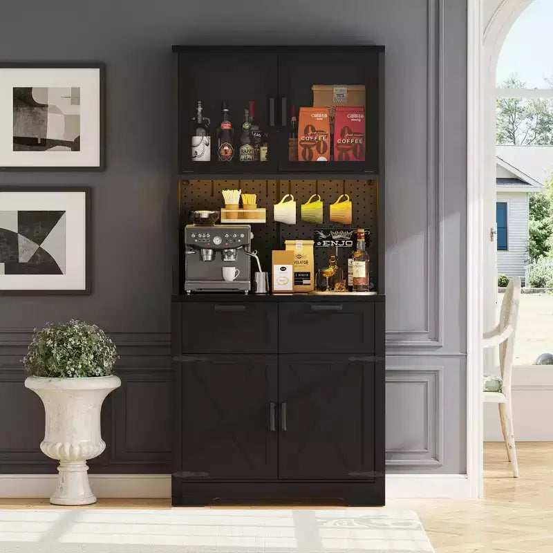 Armoire de rangement haute de cuisine de ferme avec porte et tiroirs, buffet autoportant avec étagères