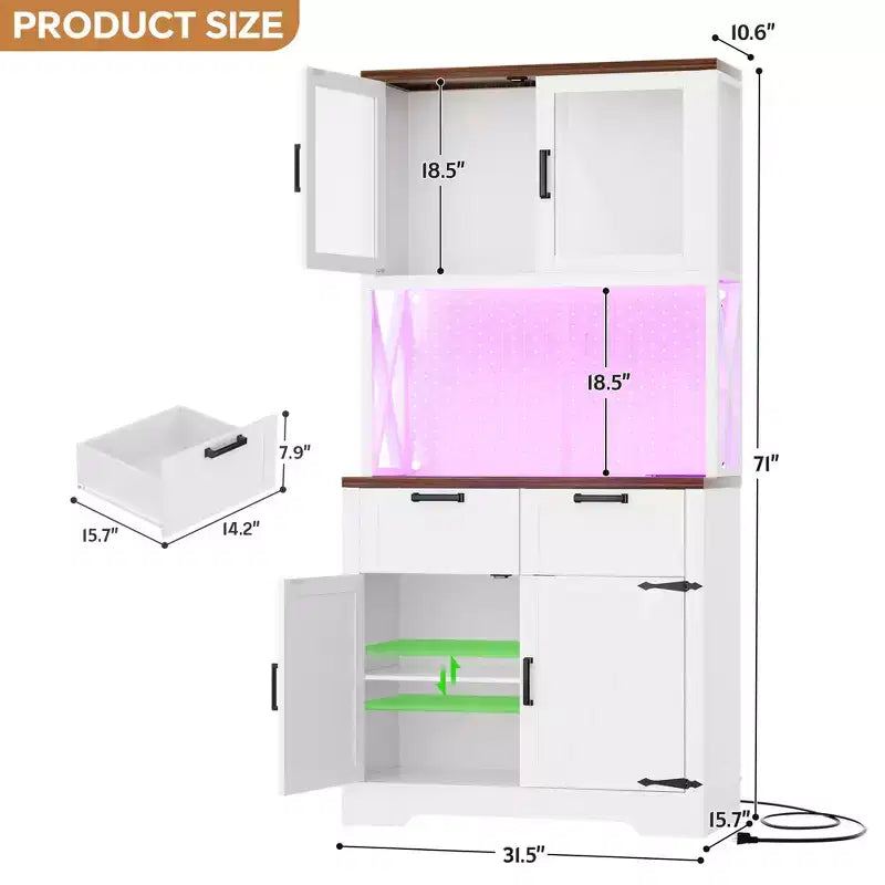 Armoire de rangement haute de cuisine de ferme avec porte et tiroirs, buffet autoportant avec étagères