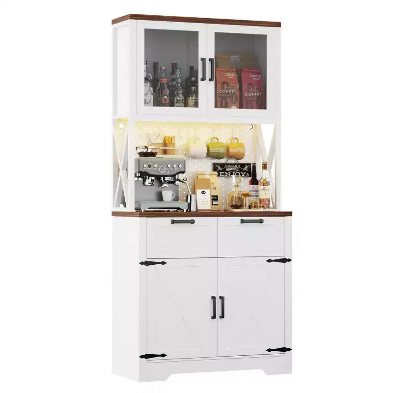 Armoire de rangement haute de cuisine de ferme avec porte et tiroirs, buffet autoportant avec étagères