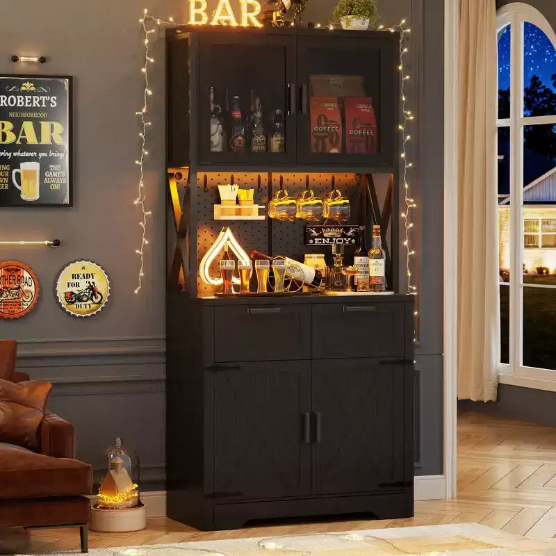 Armoire de rangement haute de cuisine de ferme avec porte et tiroirs, buffet autoportant avec étagères