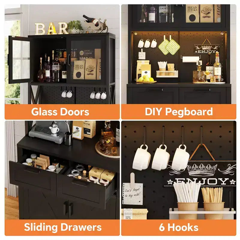 Armoire de rangement haute de cuisine de ferme avec porte et tiroirs, buffet autoportant avec étagères