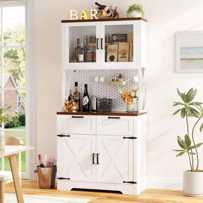 Armoire de rangement haute de cuisine de ferme avec porte et tiroirs, buffet autoportant avec étagères