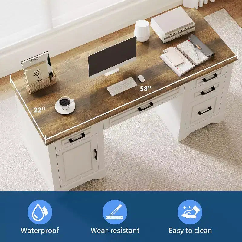 Bureau de direction de ferme 58 avec rangement, bureau d'ordinateur en bois avec tiroir de clavier, tiroir de classement, armoire de rangement pour bureau à domicile