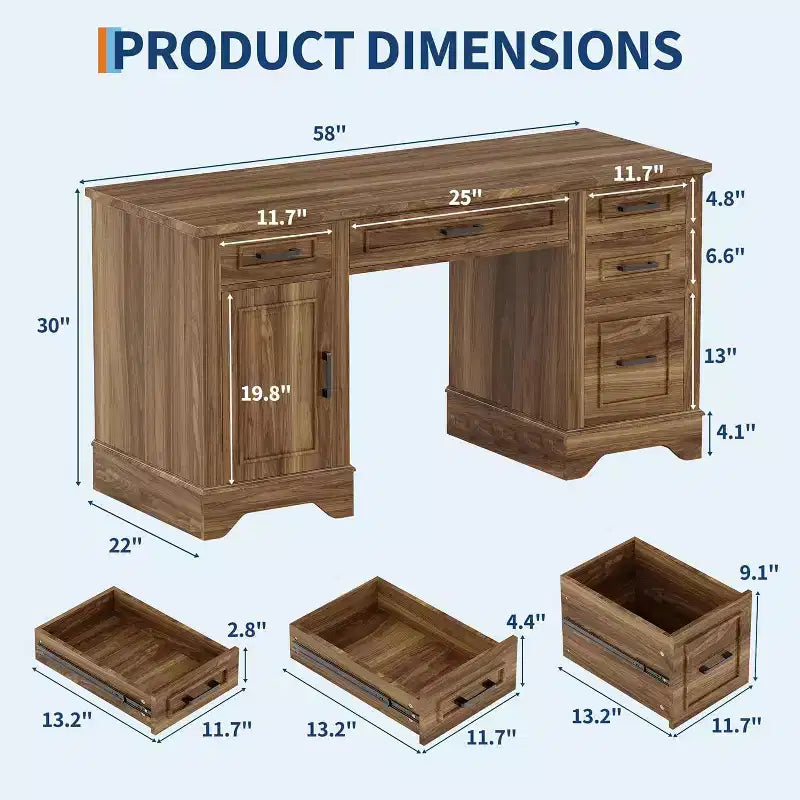 Bureau de direction de ferme 58 avec rangement, bureau d'ordinateur en bois avec tiroir de clavier, tiroir de classement, armoire de rangement pour bureau à domicile