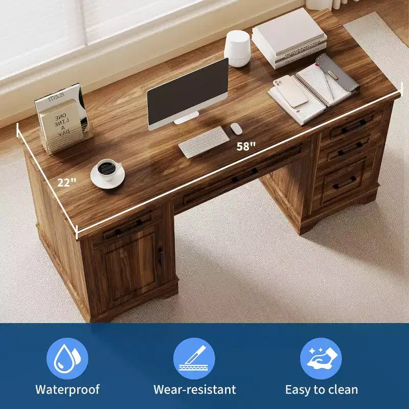 Bureau de direction de ferme 58 avec rangement, bureau d'ordinateur en bois avec tiroir de clavier, tiroir de classement, armoire de rangement pour bureau à domicile