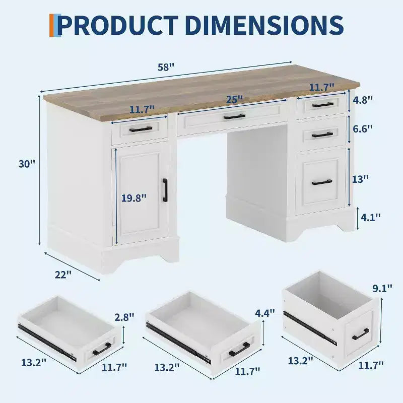 Bureau de direction de ferme 58 avec rangement, bureau d'ordinateur en bois avec tiroir de clavier, tiroir de classement, armoire de rangement pour bureau à domicile