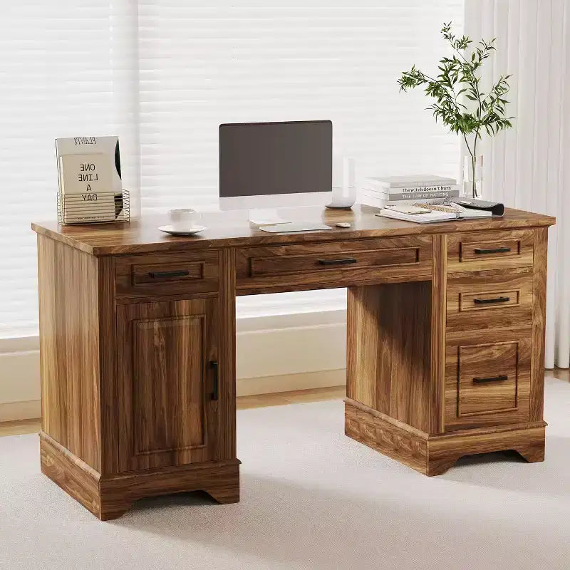 Farmhouse 58 Executive Office Desk with Storage, Wood Computer Desk with Keyboard Tray, File Drawer, Storage Cabinet for Home Office