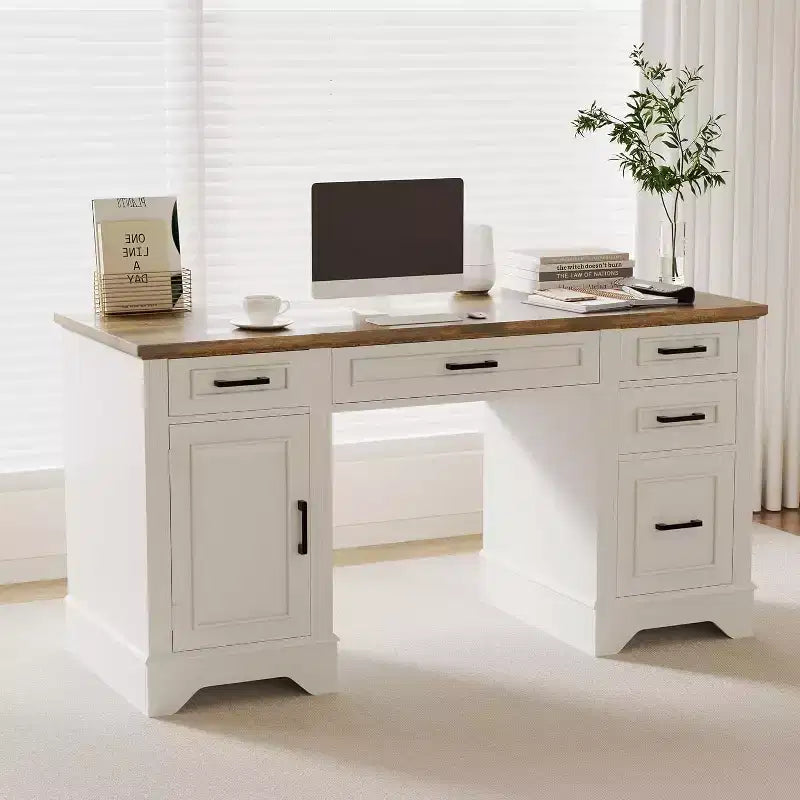 Bureau de direction de ferme 58 avec rangement, bureau d'ordinateur en bois avec tiroir de clavier, tiroir de classement, armoire de rangement pour bureau à domicile