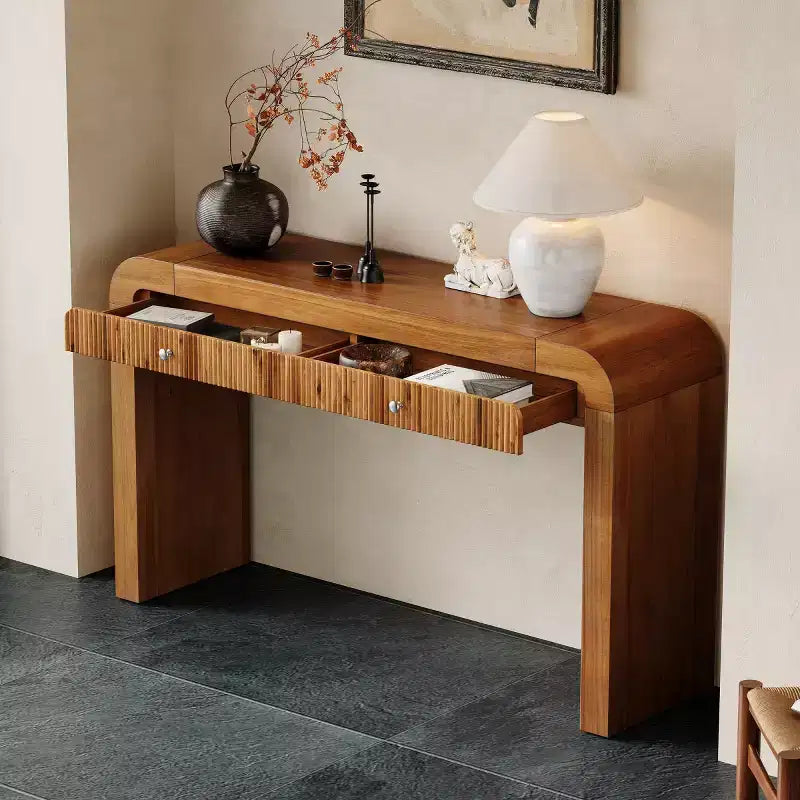 Console d'entrée rustique avec tiroirs, table de couloir aspect bois avec façade de tiroir cannelée, coins arrondis