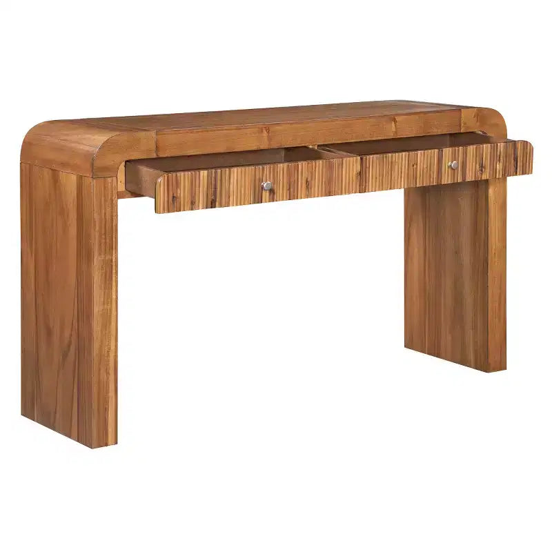 Console d'entrée rustique avec tiroirs, table de couloir aspect bois avec façade de tiroir cannelée, coins arrondis