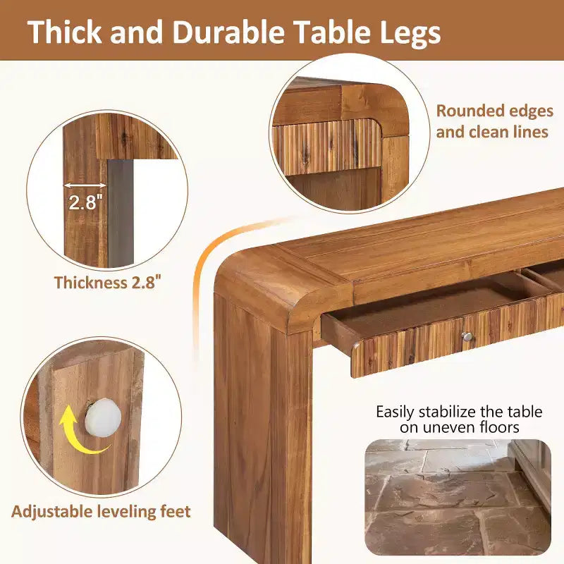 Console d'entrée rustique avec tiroirs, table de couloir aspect bois avec façade de tiroir cannelée, coins arrondis