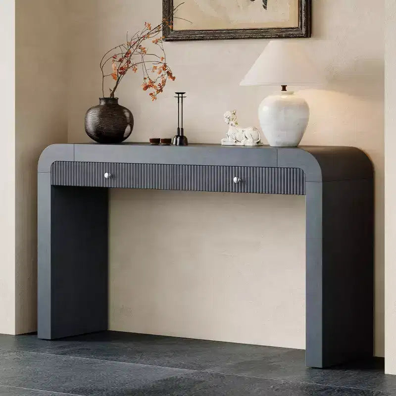 Console d'entrée rustique avec tiroirs, table de couloir aspect bois avec façade de tiroir cannelée, coins arrondis