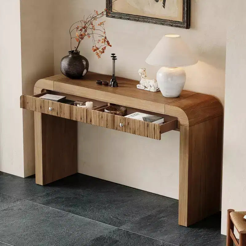 Console d'entrée rustique avec tiroirs, table de couloir aspect bois avec façade de tiroir cannelée, coins arrondis