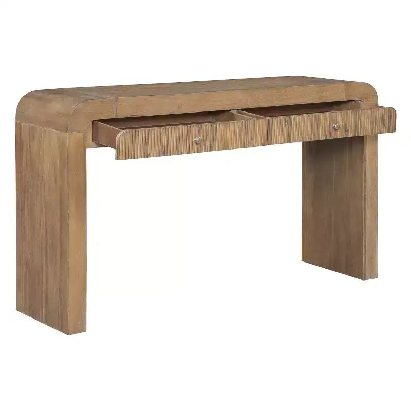 Console d'entrée rustique avec tiroirs, table de couloir aspect bois avec façade de tiroir cannelée, coins arrondis