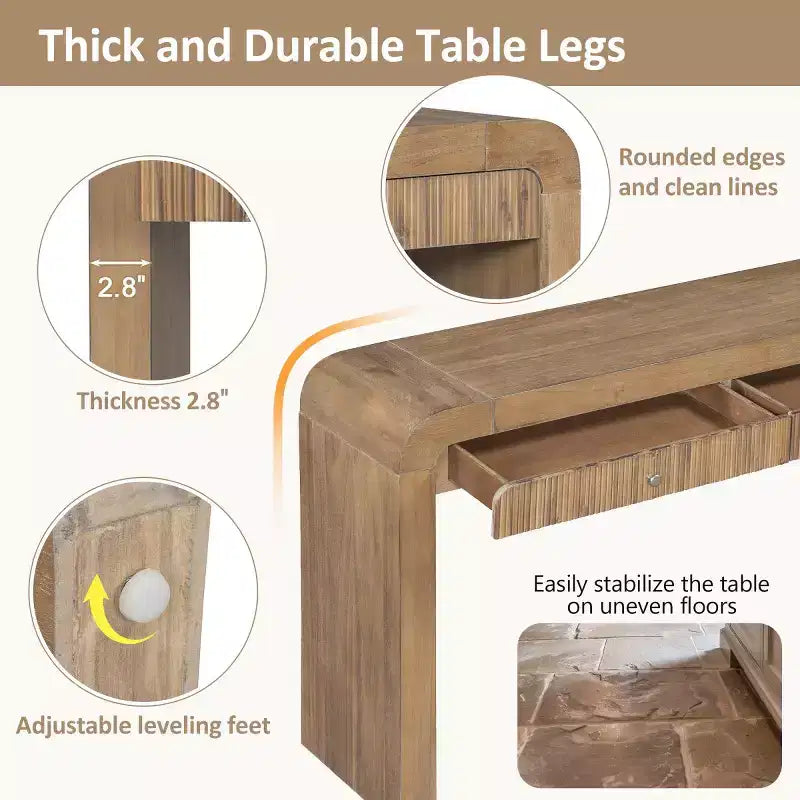 Console d'entrée rustique avec tiroirs, table de couloir aspect bois avec façade de tiroir cannelée, coins arrondis