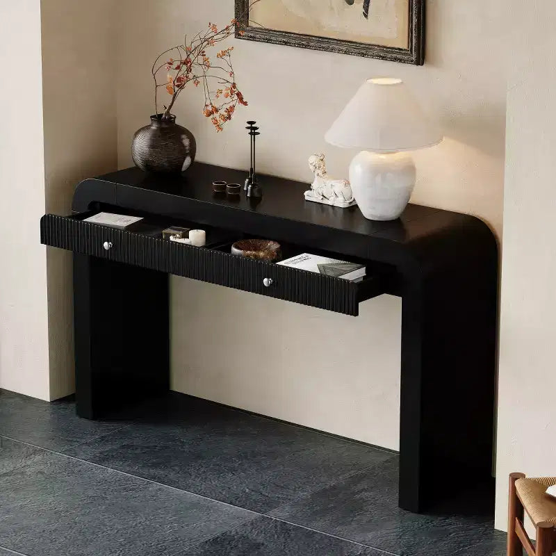 Console d'entrée rustique avec tiroirs, table de couloir aspect bois avec façade de tiroir cannelée, coins arrondis
