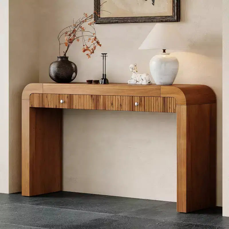Console d'entrée rustique avec tiroirs, table de couloir aspect bois avec façade de tiroir cannelée, coins arrondis