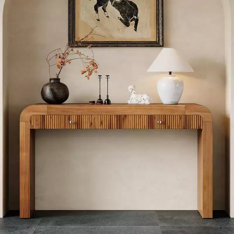 Console d'entrée rustique avec tiroirs, table de couloir aspect bois avec façade de tiroir cannelée, coins arrondis
