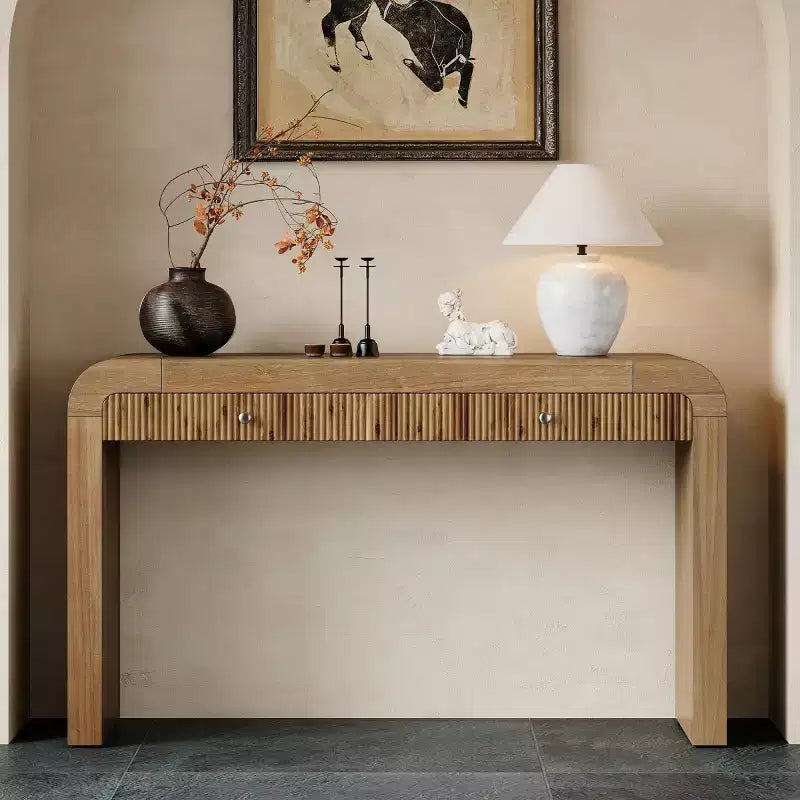 Console d'entrée rustique avec tiroirs, table de couloir aspect bois avec façade de tiroir cannelée, coins arrondis