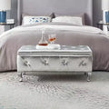 Silver Faux Leather Ottoman Bench with Crystal Buttons, Upholstered Storage Bench for Bedroom, End of Bed, Footrest for Living Room or Entryway