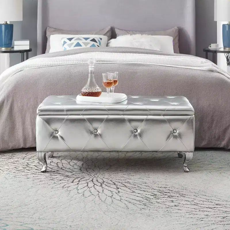 Silver Faux Leather Ottoman Bench with Crystal Buttons, Upholstered Storage Bench for Bedroom, End of Bed, Footrest for Living Room or Entryway