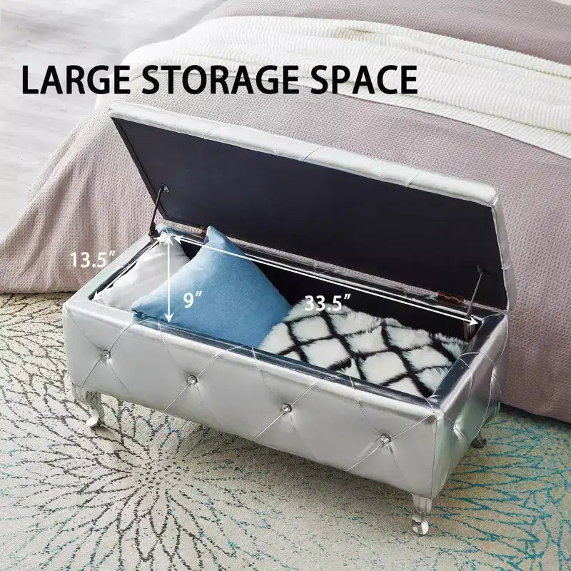 Banc de rangement ottoman en simili cuir argenté avec boutons en cristal, banc de rangement rembourré pour chambre à coucher, bout de lit, repose-pieds pour salon ou entrée