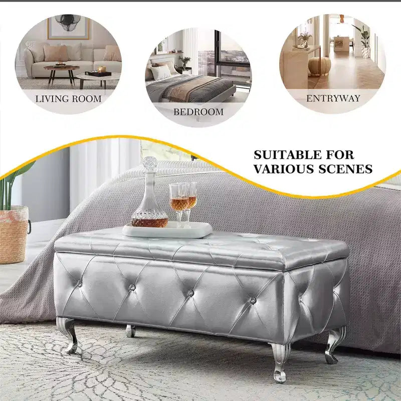 Banc de rangement ottoman en simili cuir argenté avec boutons en cristal, banc de rangement rembourré pour chambre à coucher, bout de lit, repose-pieds pour salon ou entrée