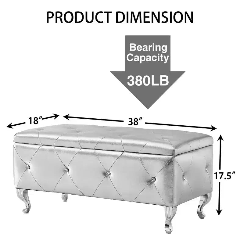 Banc de rangement ottoman en simili cuir argenté avec boutons en cristal, banc de rangement rembourré pour chambre à coucher, bout de lit, repose-pieds pour salon ou entrée
