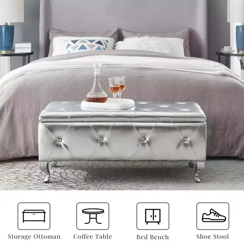 Banc de rangement ottoman en simili cuir argenté avec boutons en cristal, banc de rangement rembourré pour chambre à coucher, bout de lit, repose-pieds pour salon ou entrée