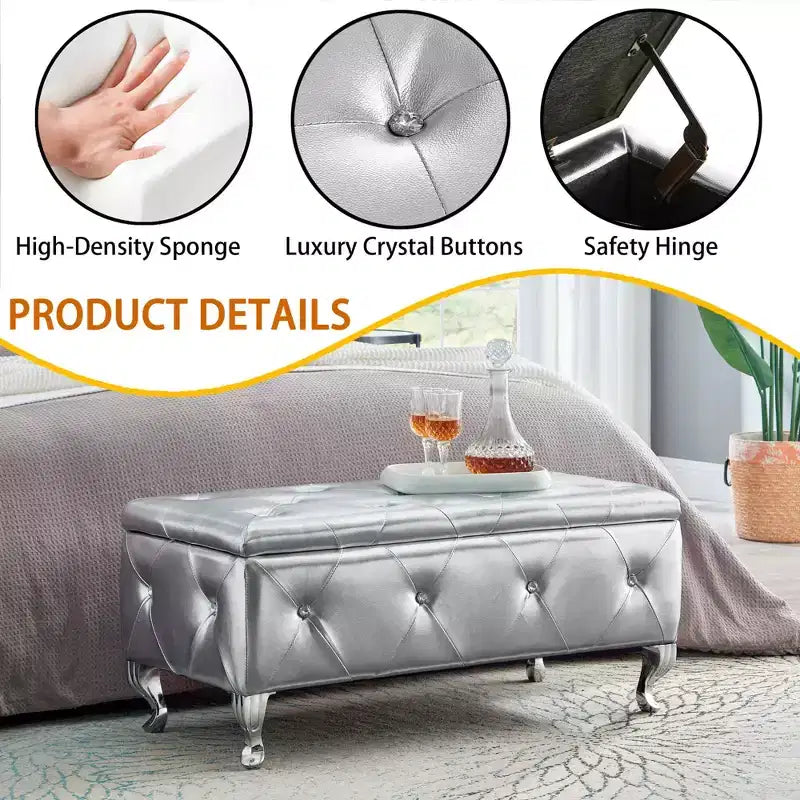 Banc de rangement ottoman en simili cuir argenté avec boutons en cristal, banc de rangement rembourré pour chambre à coucher, bout de lit, repose-pieds pour salon ou entrée