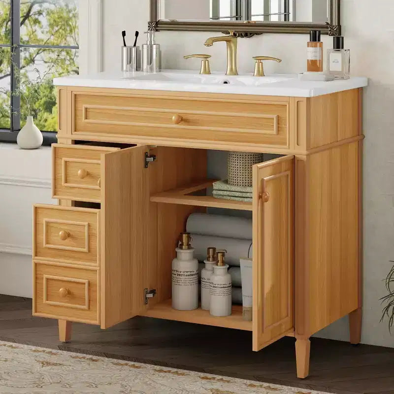 Meuble-lavabo vert avec lavabo MDF en caoutchouc, 3 tiroirs, étagère réglable, autoportant