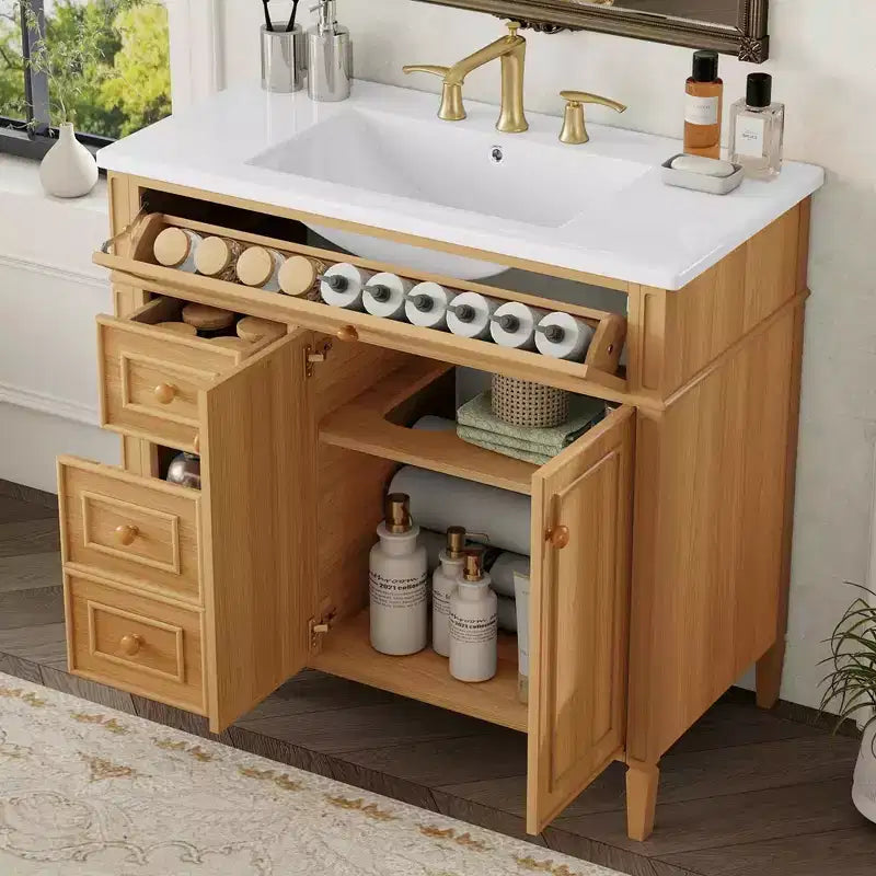 Meuble-lavabo vert avec lavabo MDF en caoutchouc, 3 tiroirs, étagère réglable, autoportant