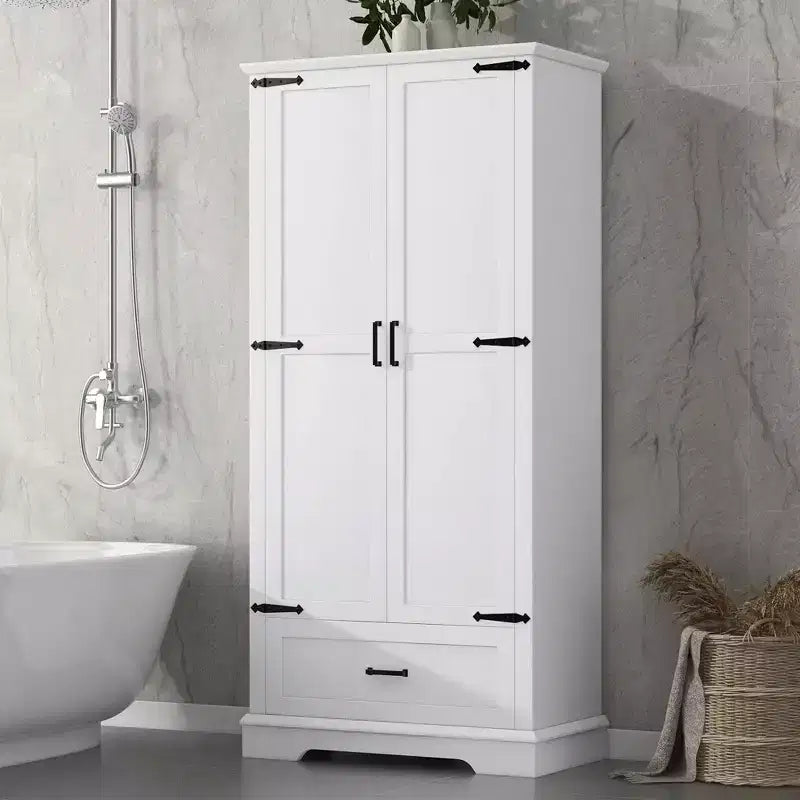 MAYEERTY Tall Bathroom Cabinet 2 Doors 1 Drawer Adjustable Shelf MDF White