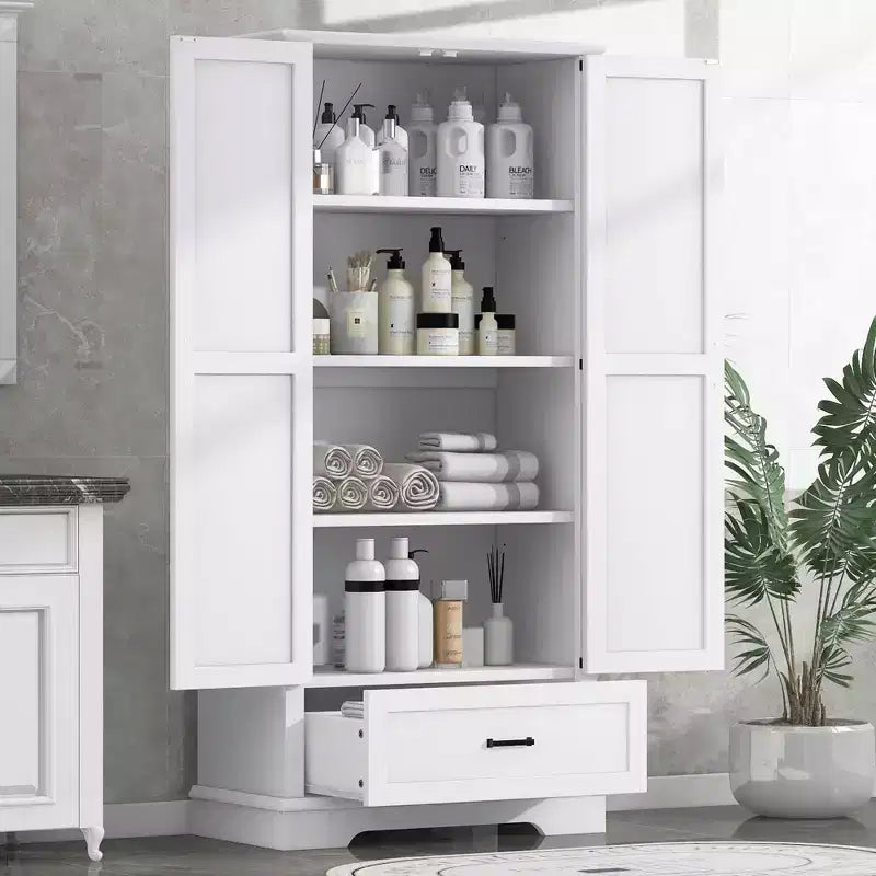 Armoire de salle de bain haute 2 portes 1 tiroir Étagère réglable MDF Blanc