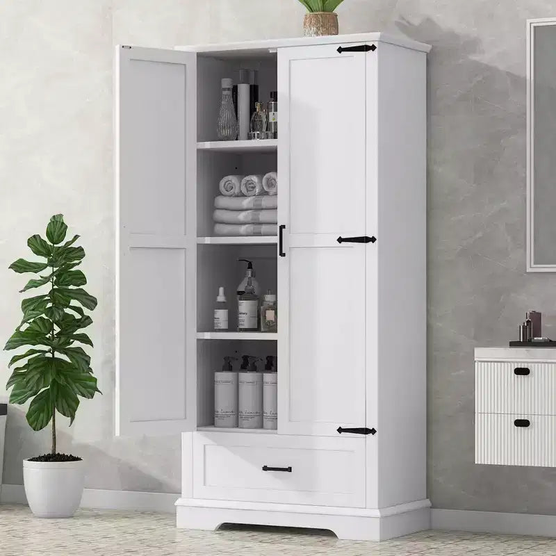 Armoire de salle de bain haute 2 portes 1 tiroir Étagère réglable MDF Blanc