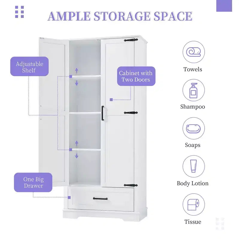 Armoire de salle de bain haute 2 portes 1 tiroir Étagère réglable MDF Blanc