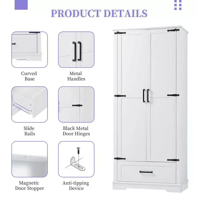 Armoire de salle de bain haute 2 portes 1 tiroir Étagère réglable MDF Blanc