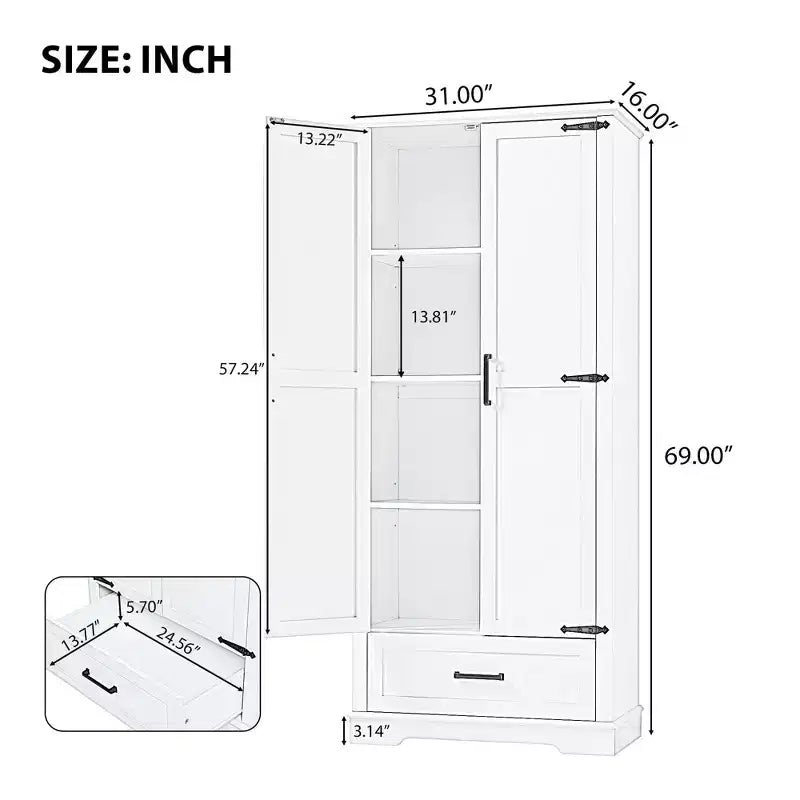 Armoire de salle de bain haute 2 portes 1 tiroir Étagère réglable MDF Blanc
