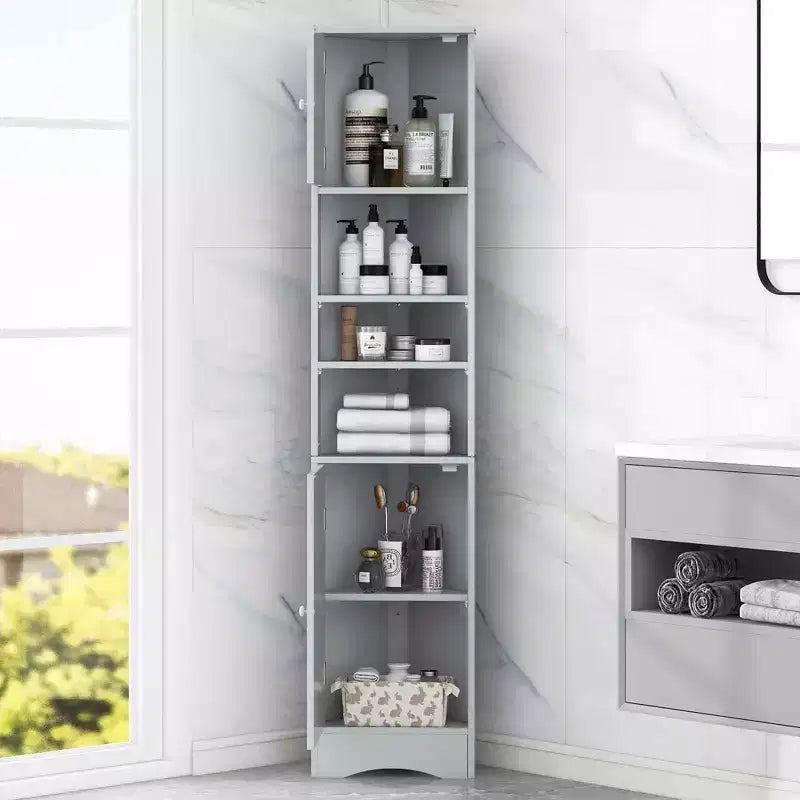 Meuble d'angle de salle de bain multifonctionnel 2 portes Étagères réglables Étagère ouverte Gris