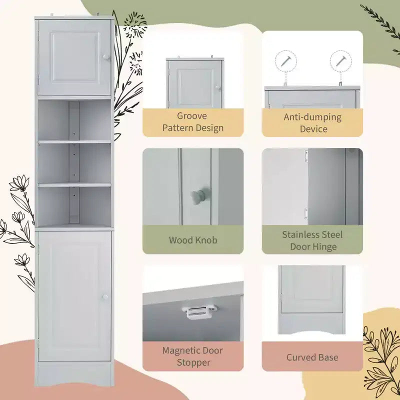Meuble d'angle de salle de bain multifonctionnel 2 portes Étagères réglables Étagère ouverte Gris