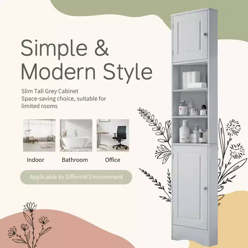 Meuble d'angle de salle de bain multifonctionnel 2 portes Étagères réglables Étagère ouverte Gris