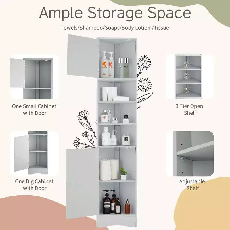 Meuble d'angle de salle de bain multifonctionnel 2 portes Étagères réglables Étagère ouverte Gris