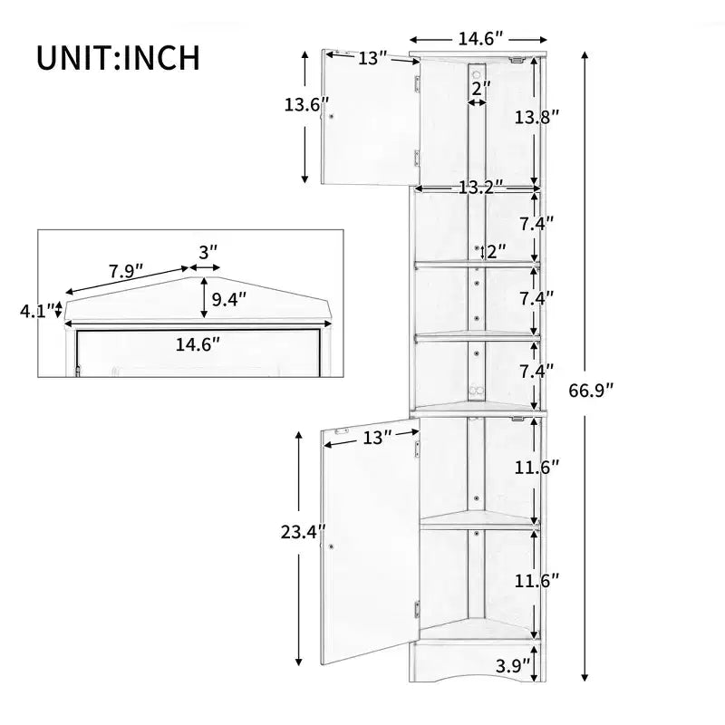 Meuble d'angle de salle de bain multifonctionnel 2 portes Étagères réglables Étagère ouverte Gris